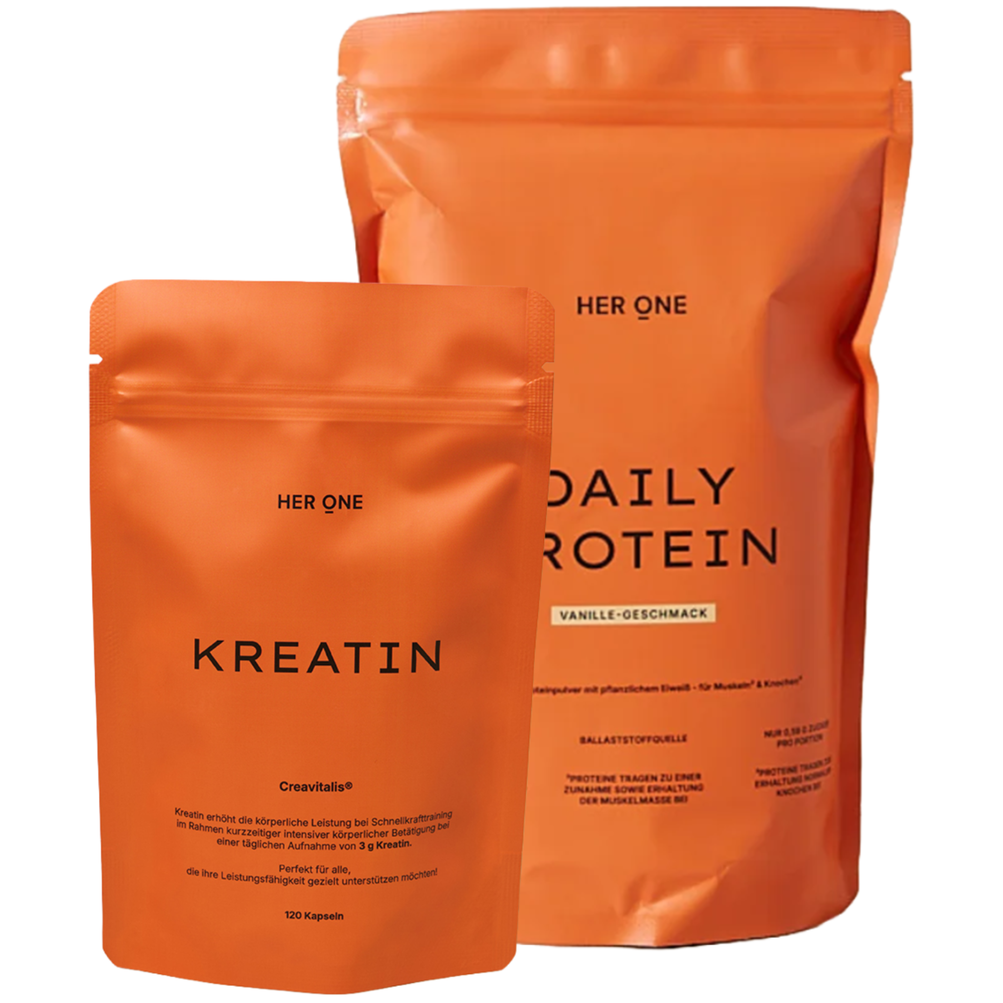 Her One Bundle Kreatin Kapseln & DAILY PROTEIN Pulver. Performance-Kombination für Muskeln und Schnellkraft.