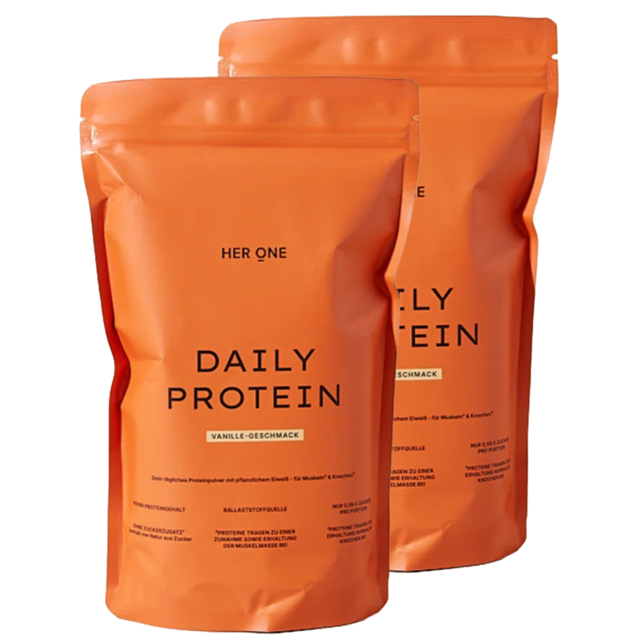 Doppelpack Her One DAILY PROTEIN (Vanille), tägliches pflanzliches Eiweißpulver zur Muskelerhaltung.