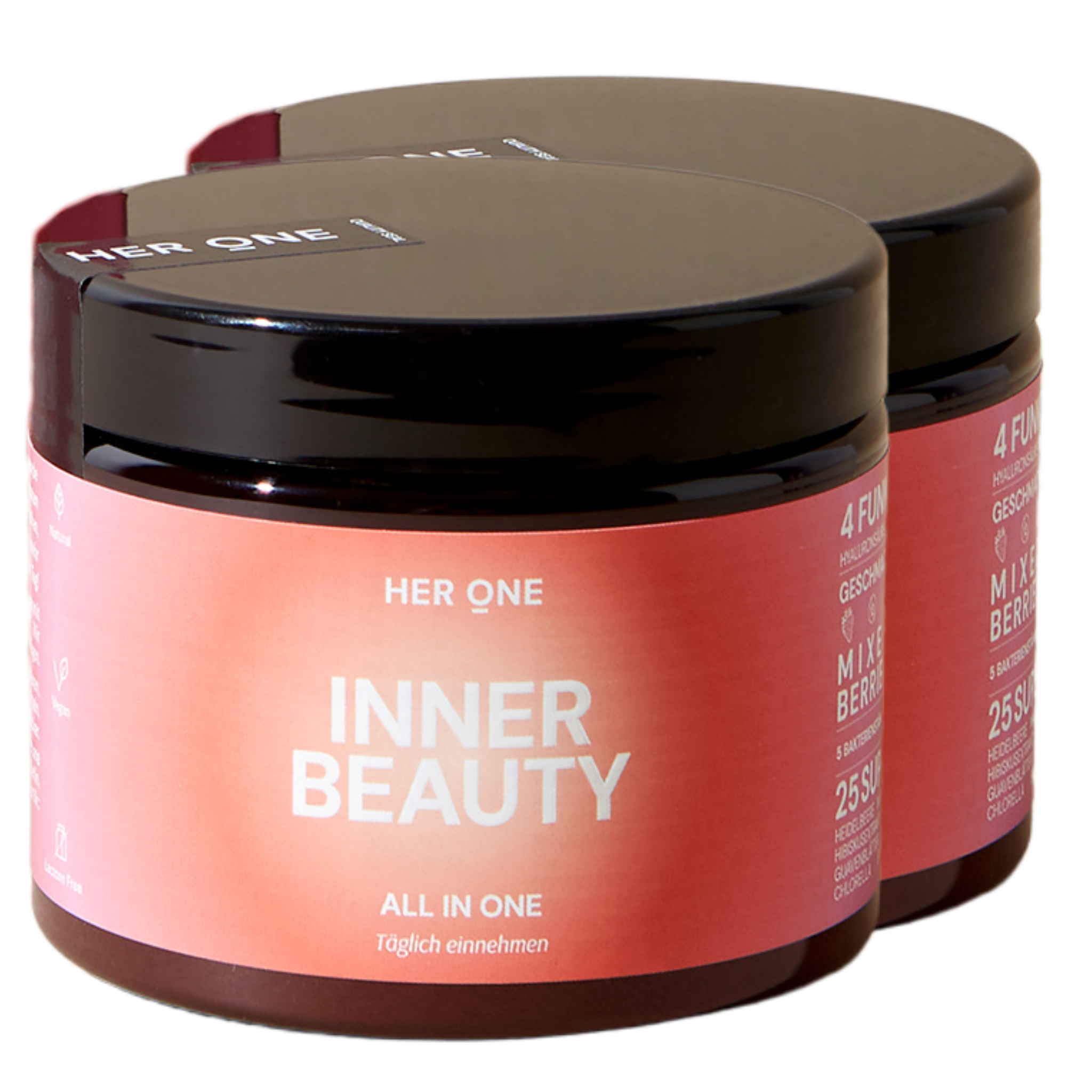 Doppelpack Her One INNER BEAUTY ALL IN ONE Pulver, 2 Dosen. Langzeitversorgung für Haut und Wohlbefinden.