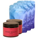 Her One Großes Bundle mit zwei Dosen INNER BEAUTY und drei Beuteln SHAPE WELL. Langzeitversorgung für Haut und Figur.
