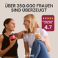 Zwei Kundinnen lächeln, halten HER ONE Produkt und Drink. Bewertung von 4.7 Sternen ("KUNDINNEN-LIEBLING") wird angezeigt.