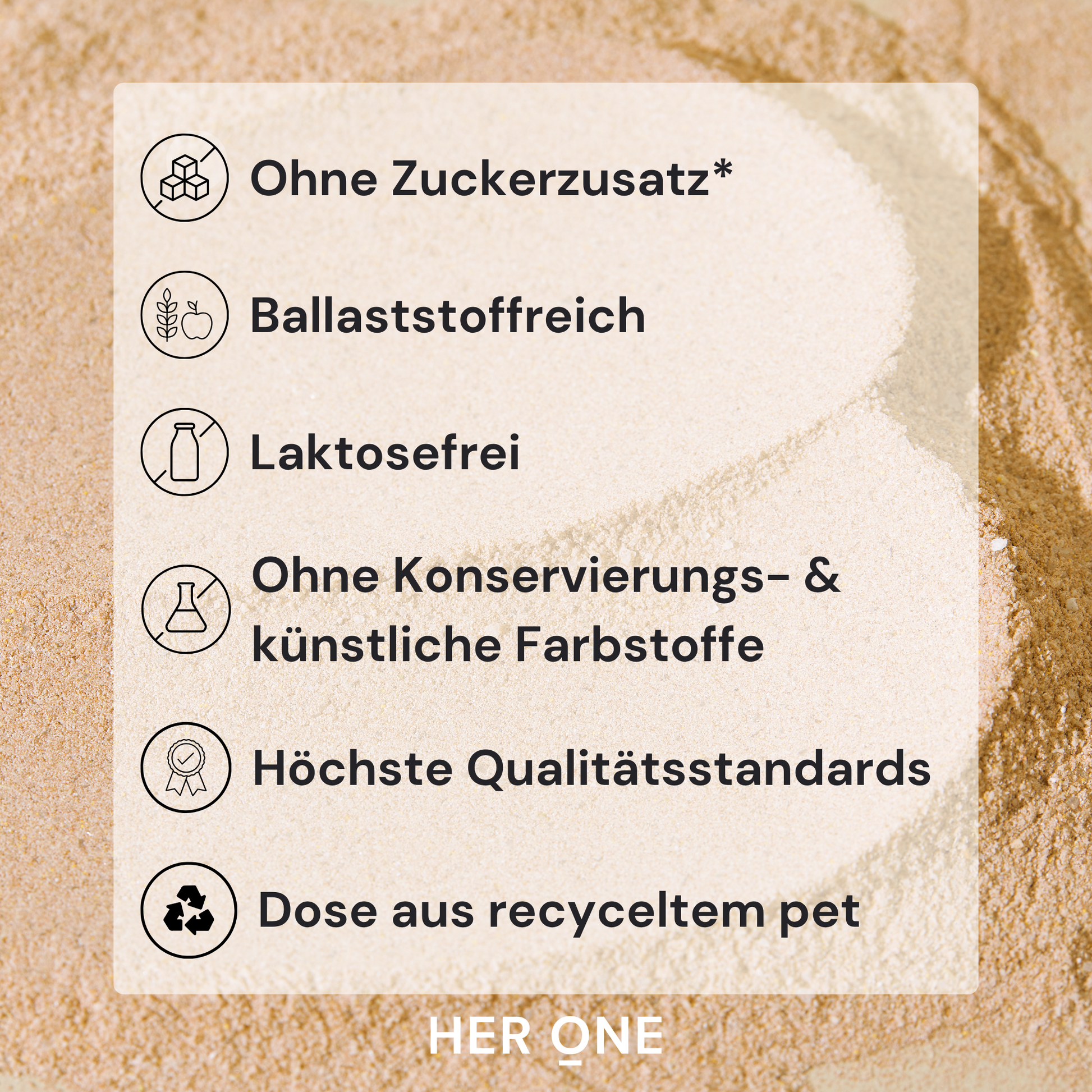 Sechs USPs auf Pulver-Hintergrund: Ohne Zuckerzusatz, Ballaststoffreich, Laktosefrei, Ohne Konservierungsstoffe, Höchste Qualitätsstandards, Dose aus recyceltem PET.