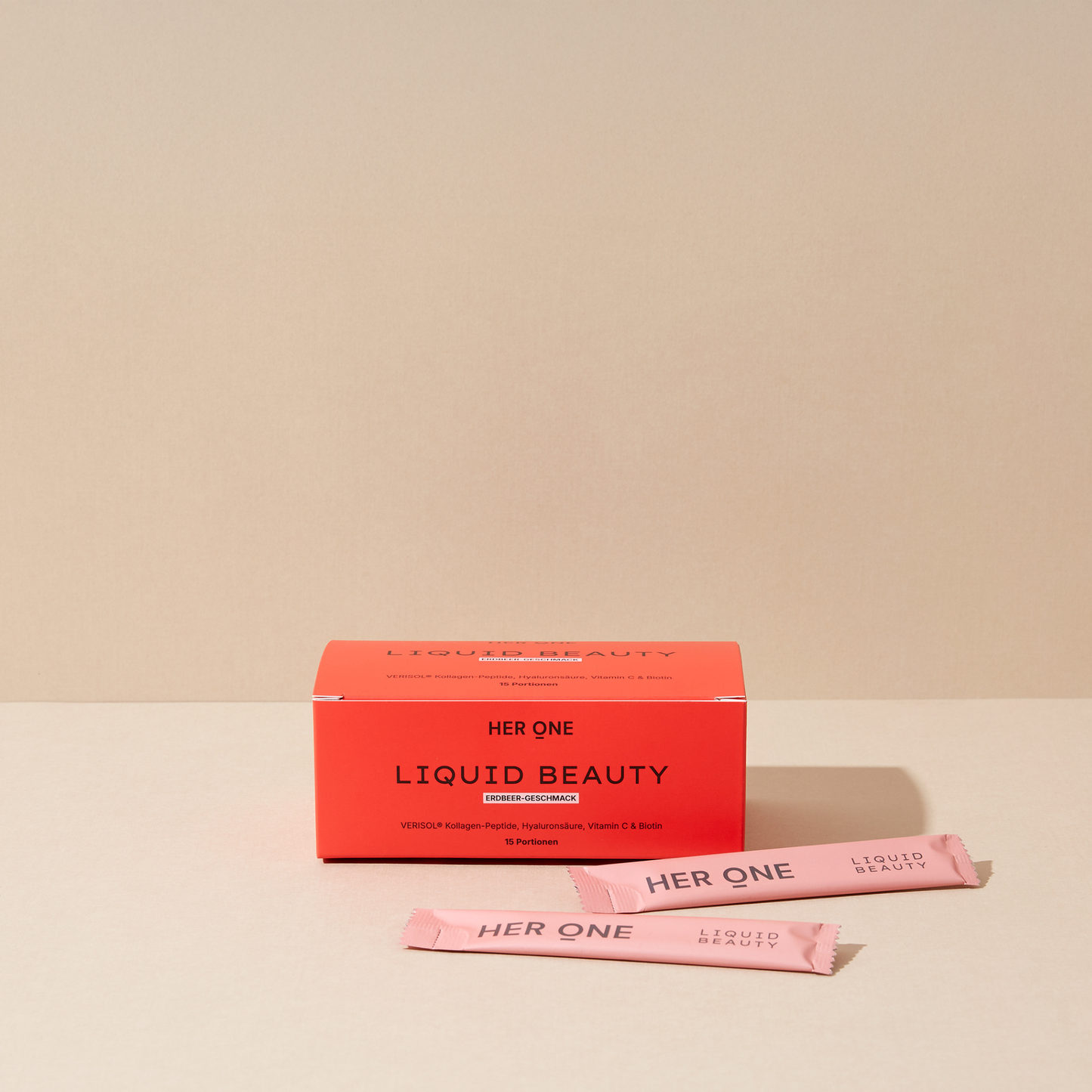 Her One LIQUID BEAUTY Trink-Kollagen (Erdbeere). 15 Port. Box mit zwei einzelnen Sachets. Enthält VERISOL Kollagen.