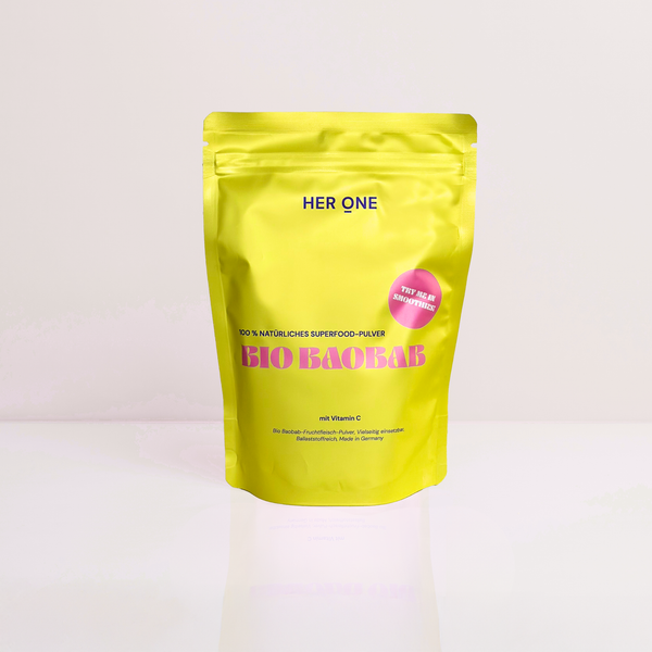 Sachet jaune HER ONE 100 % NATUREL SUPERFOOD EN POUDRE BIO BAOBAB avec vitamine C.