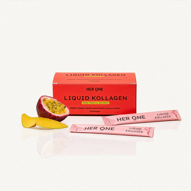 HER ONE Liquid Kollagen Box Mango-Maracuja-Geschmack 15 Portionen mit Sticks und Mango-Maracuja.