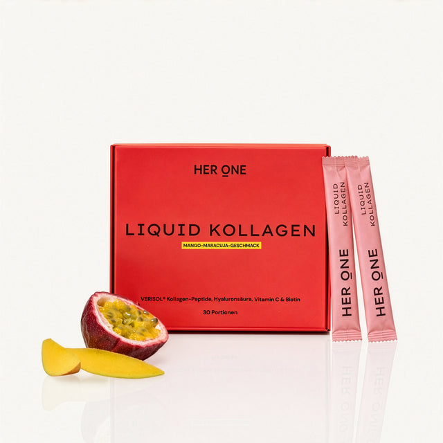 HER ONE Liquid Kollagen Box Mango-Maracuja-Geschmack 30 Portionen mit Sticks und Mango-Maracuja.