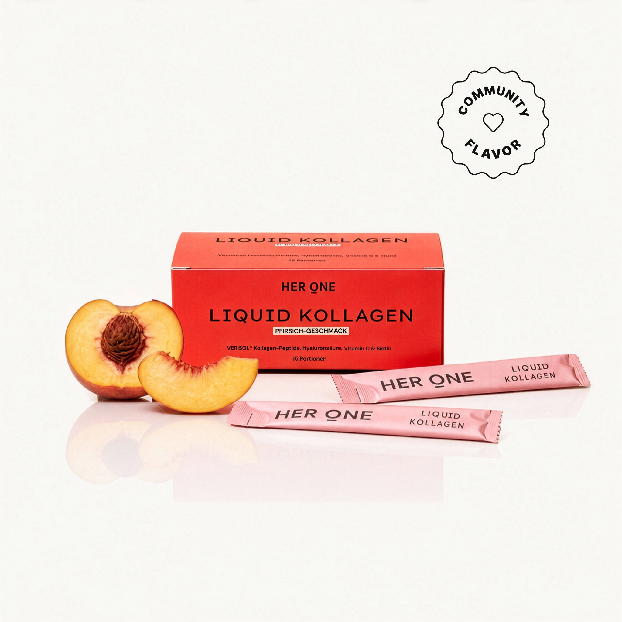 HER ONE Liquid Kollagen Box Pfirsich-Geschmack 15 Portionen mit Community-Flavor-Badge, Sticks und frischem Pfirsich.