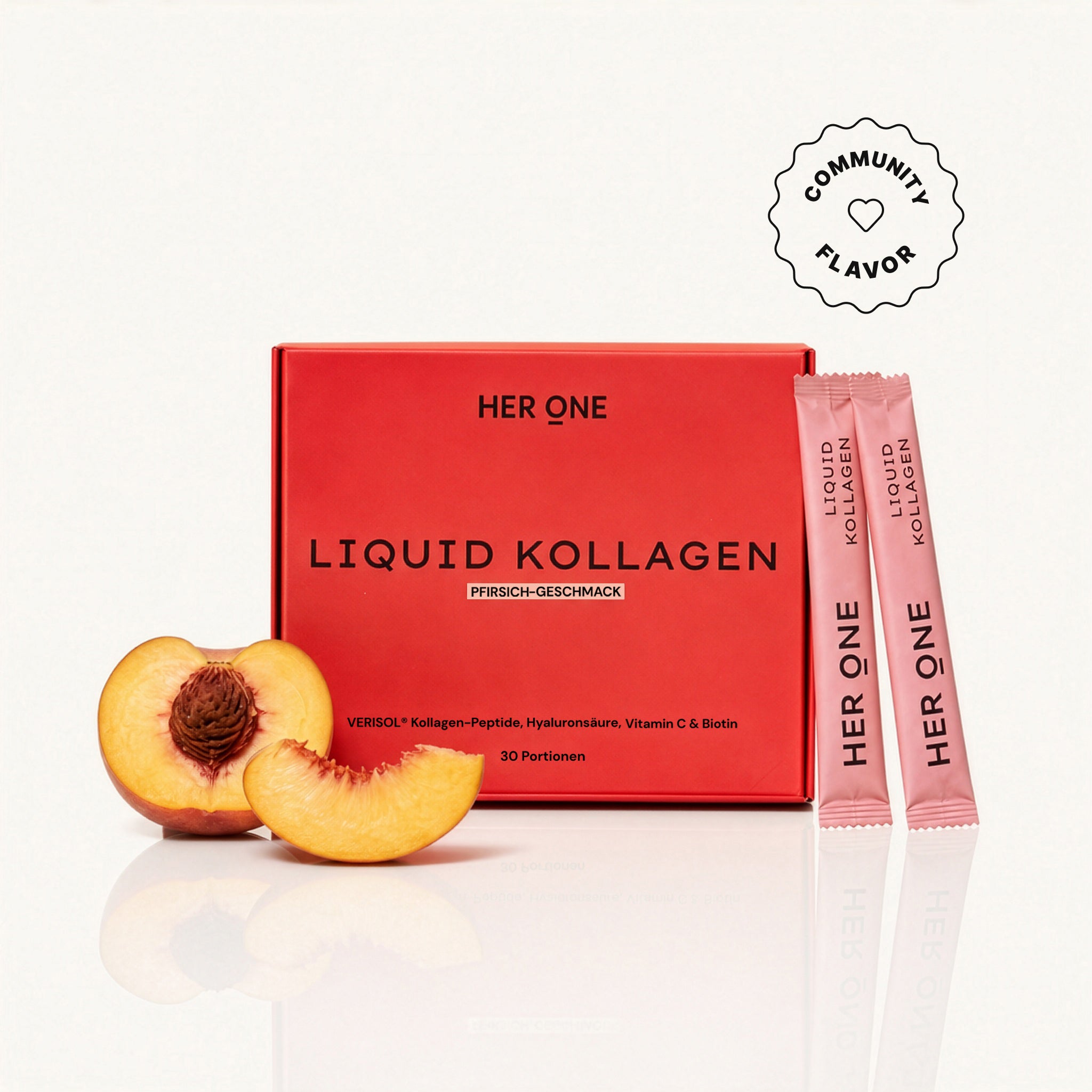 HER ONE Liquid Kollagen Box Pfirsich-Geschmack 30 Portionen mit Community-Flavor-Badge, Sticks und frischem Pfirsich.