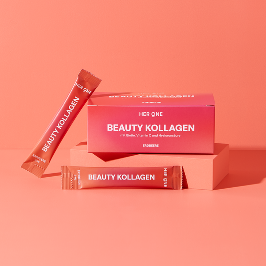 BEAUTY KOLLAGEN von HER ONE -  wertvolle bioaktive Kollagen-Peptide der Marke VERISOL®, Biotin für kräftiges Haar⁴⁰, Hyaluronsäure und Vitamin C als natürlichen Kollagenaktivator⁷ für strahlende Haut³⁹