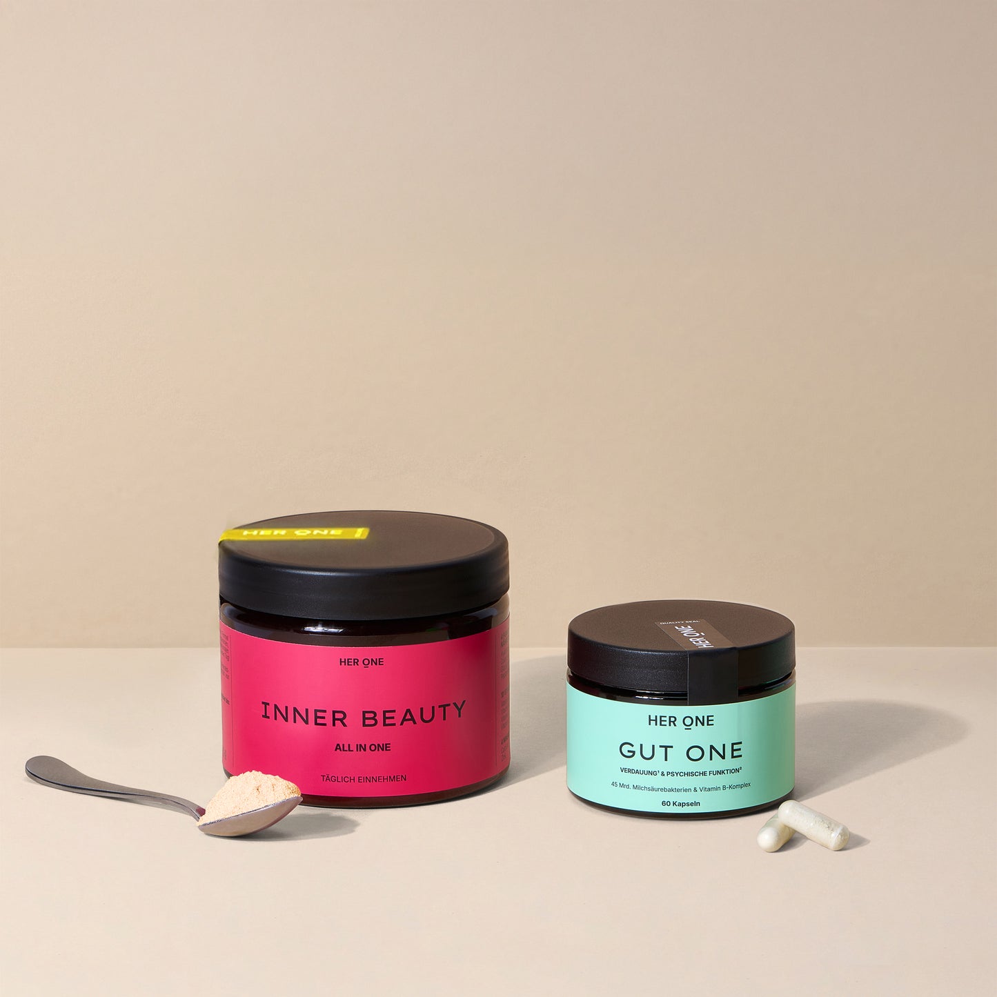 Kombination aus GUT ONE für Verdauung und INNER BEAUTY Mango-Maracuja-Geschmack für Haut und Energieversorgung