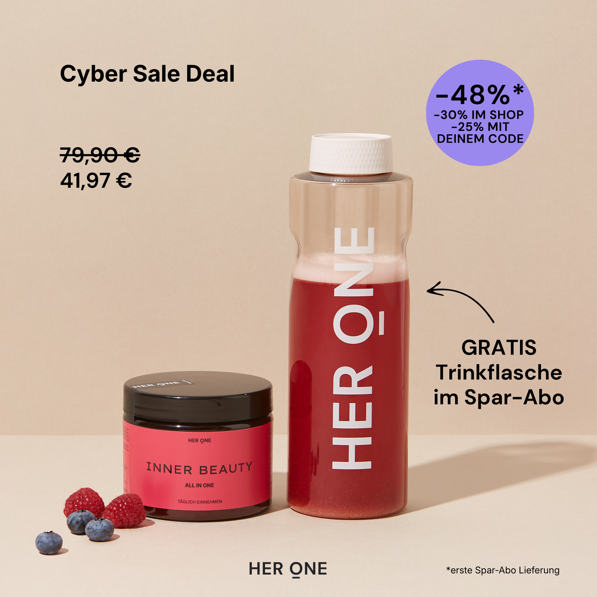 Dunkelrote Dose HER ONE INNER BEAUTY und Trinkflasche mit Früchten. Gratis Flasche im Spar-Abo (48% Rabatt).