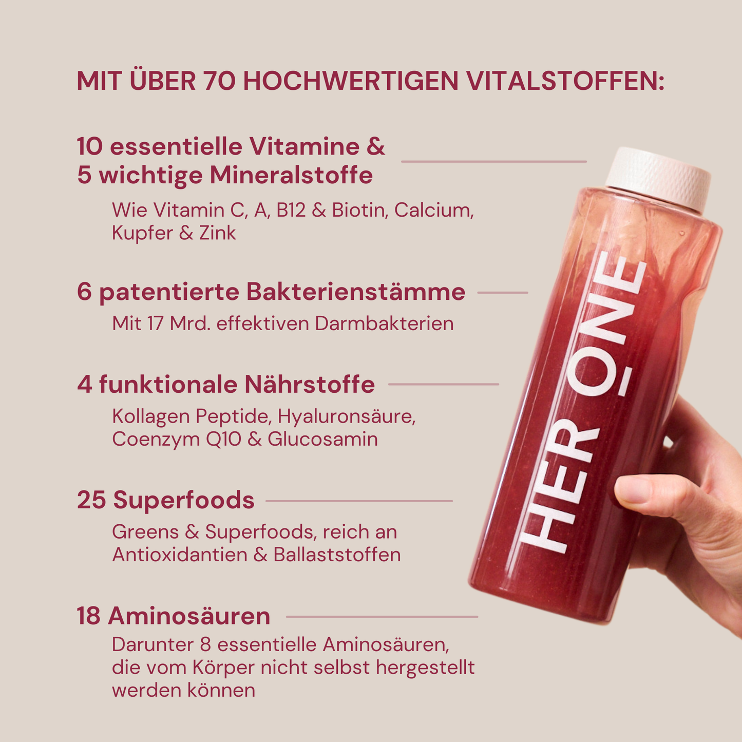 Eine Hand hält eine rote Getränkeflasche mit der Aufschrift "HER ONE" neben einem Text über Vitalstoffe.