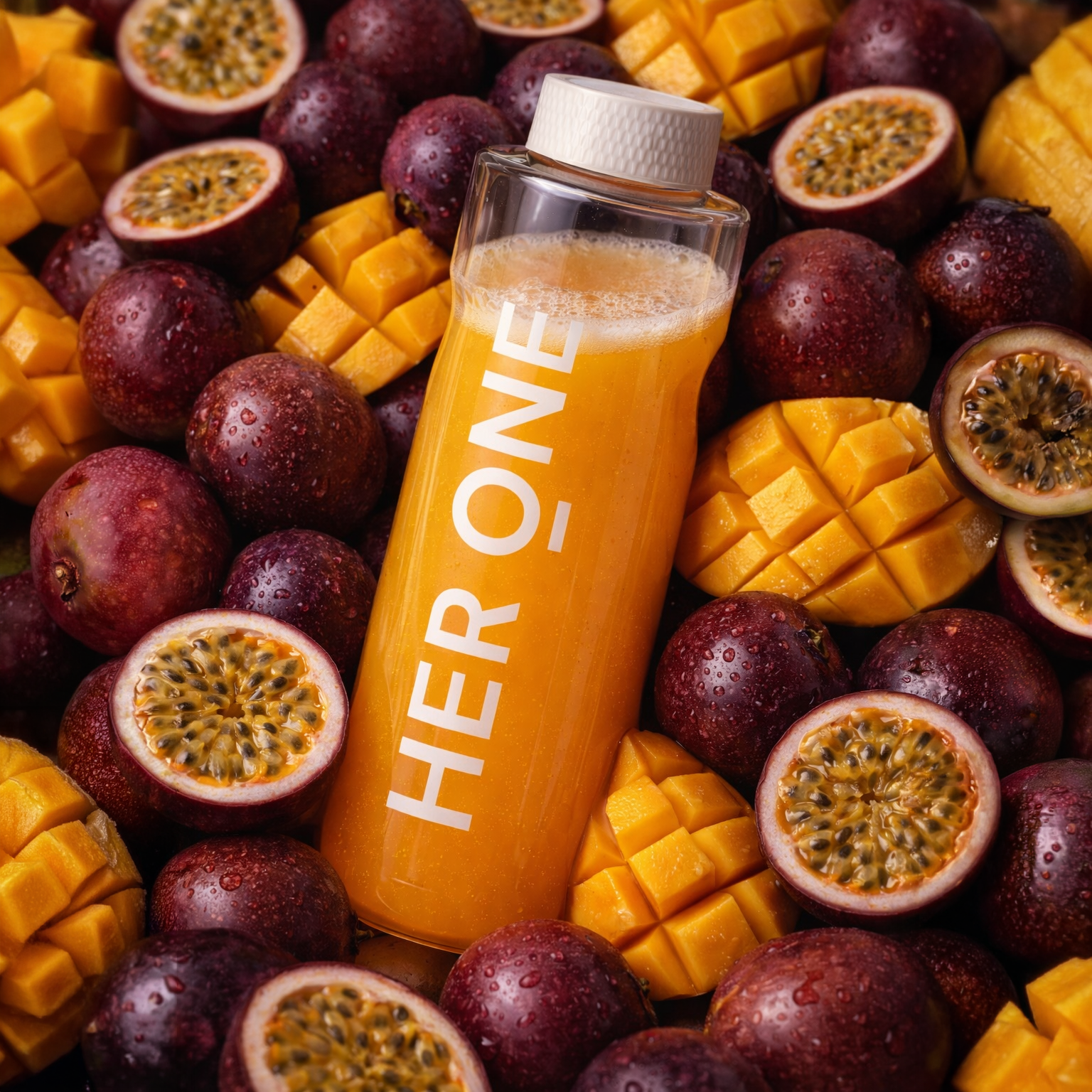 A HER ONE water bottle nestled among mangoes and passion fruit to illustrate the flavors.