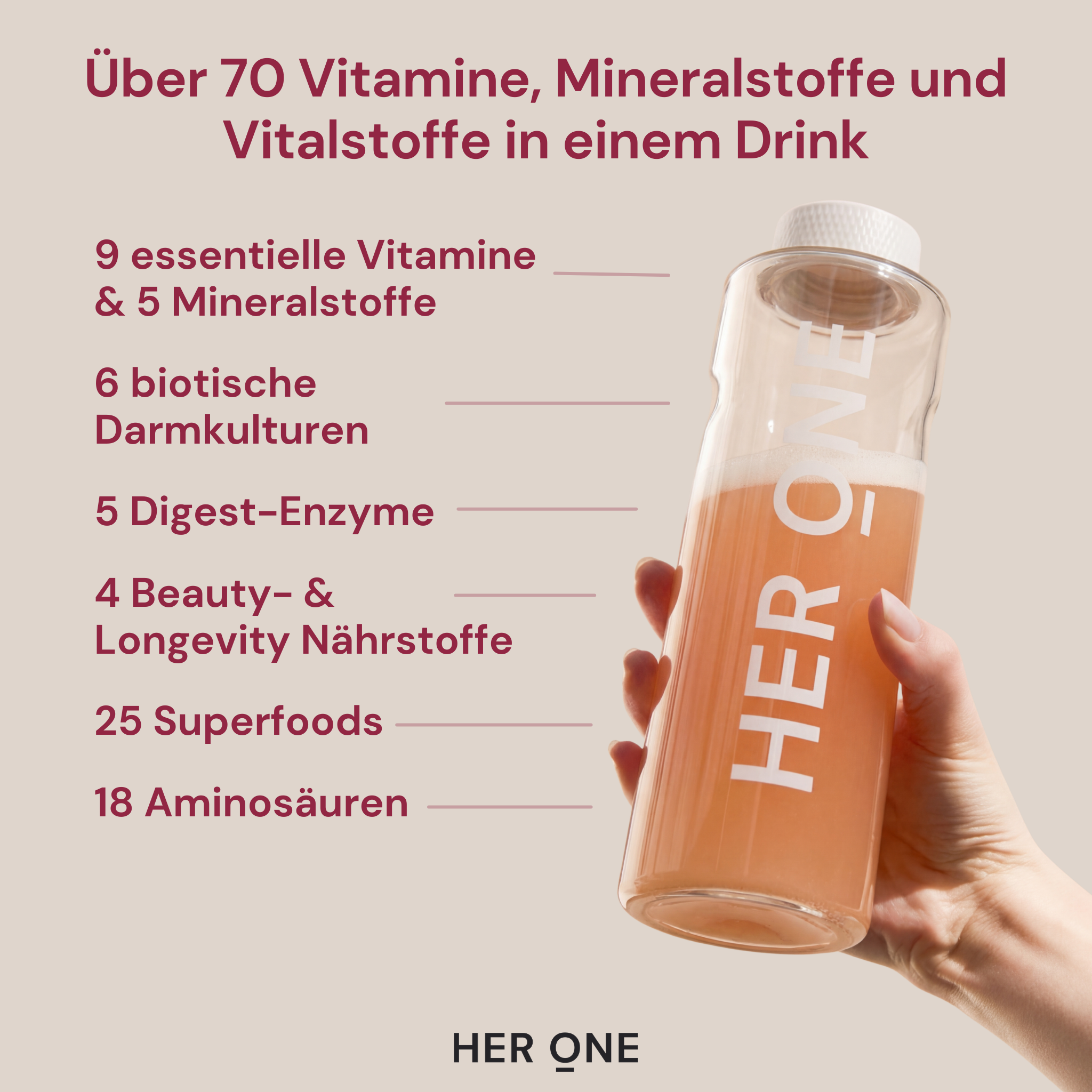 Über 70 Inhaltsstoffe: Vitamine, Mineralien, 25 Superfoods, Probiotika und Enzyme in einem einzigen Drink.