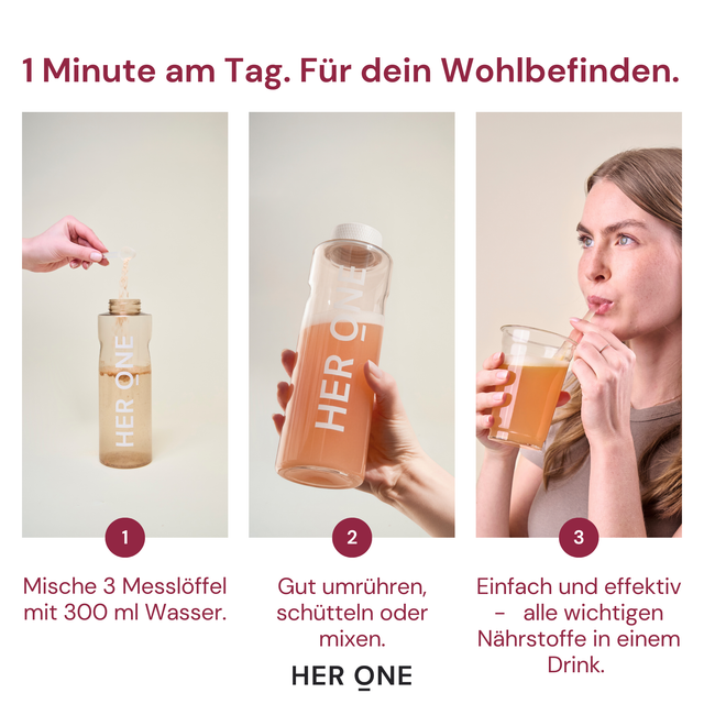 Schnelle 1-Minuten-Routine: 3 Messlöffel mit Wasser mischen für die tägliche Dosis essenzieller Nährstoffe.
