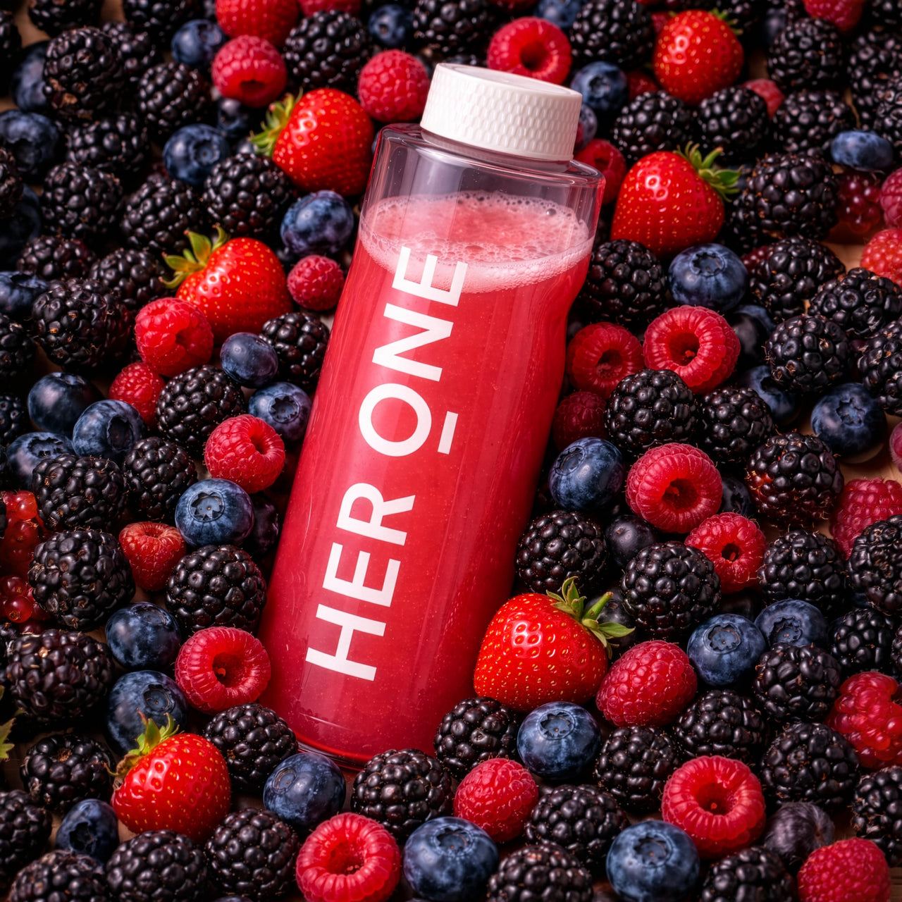 A HER ONE water bottle nestled among wild berries to illustrate the varieties.