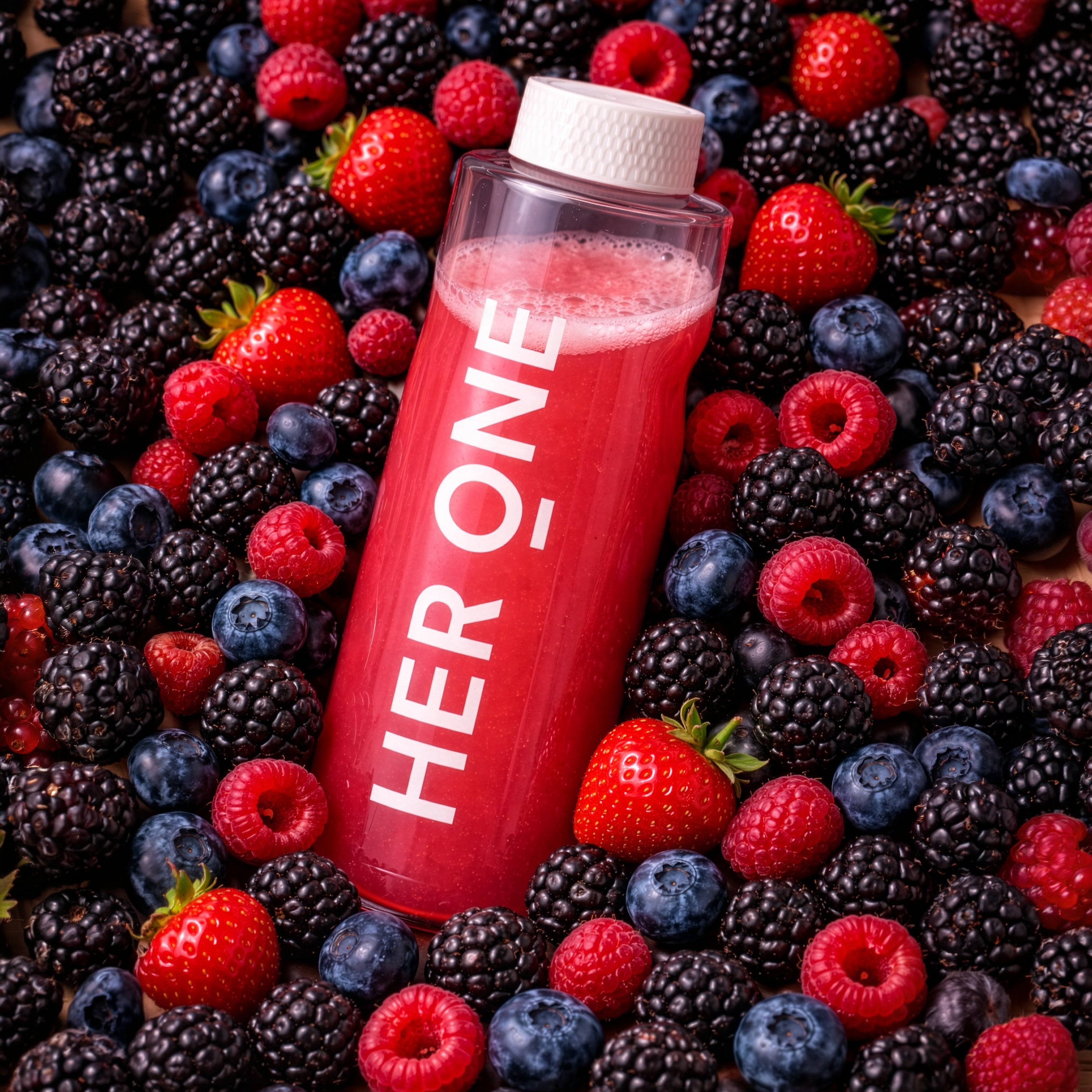 A HER ONE water bottle nestled among wild berries to illustrate the varieties.