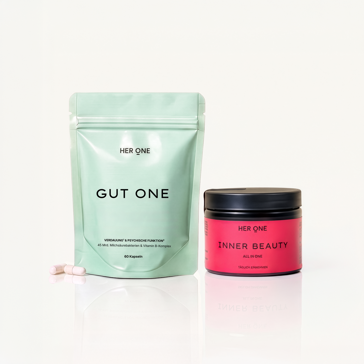 Kombination aus GUT ONE Doypack für Verdauung und INNER BEAUTY Waldbeere-Geschmack für Haut und Energieversorgung