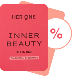 Her One Inner Beauty Produktkarte mit Waldbeerengeschmack und Rabattzeichen im Hintergrund.