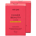 Zwei rote Boxen HER ONE INNER BEAUTY Pulver-Sachets mit Mango-Maracuja-Geschmack.
