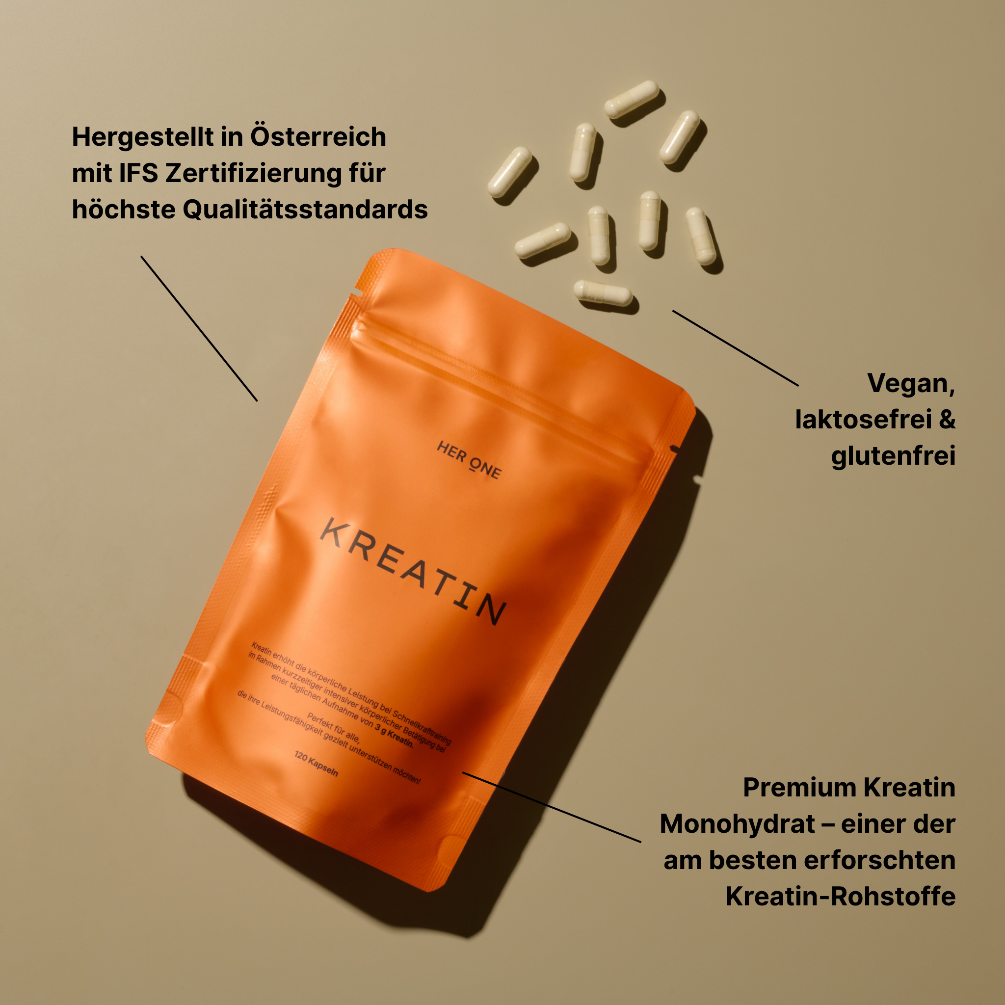 IFS-zertifiziertes Kreatin aus Österreich: Vegan, laktose- & glutenfrei für höchste Qualitätsstandards im Sport.