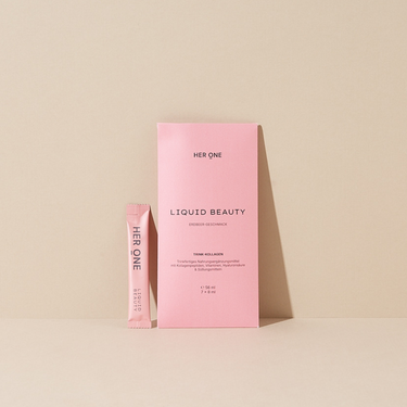 Die Produktabbildung zeigt die LIQUID BEAUTY MINIS mit 7 trinkbaren Kollagenbeuteln