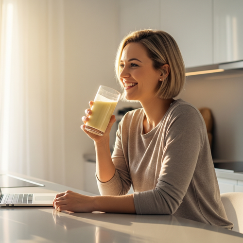 FrauinhellerKüchelächeltundtrinkteinenhellenShakeauseinemGlas;Laptopliegtnebenihr
