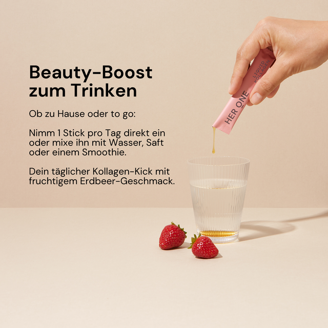 HER ONE Liquid Kollagen mit Hyaluron, Vitamin C & Biotin zur Unterstützung der natürlichen Strahlkraft.