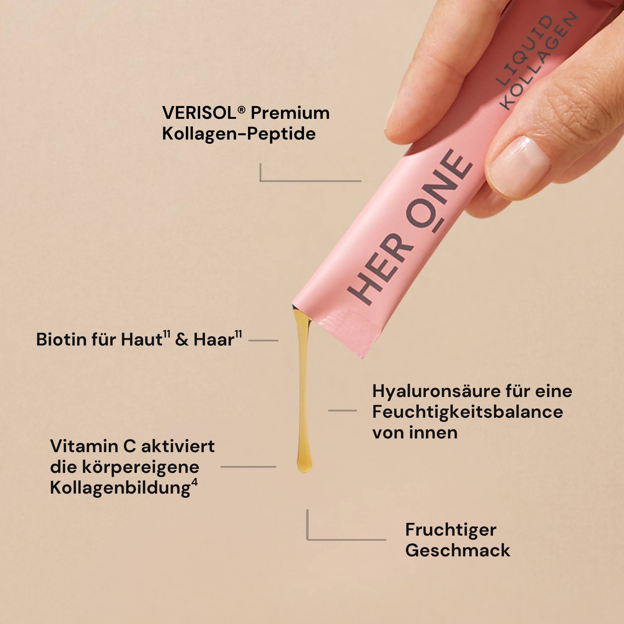 HER ONE Liquid Kollagen Sachet: VERISOL® Peptiden, Biotin, Hyaluron & Vitamin C für Haut, Haar & Kollagenbildung.