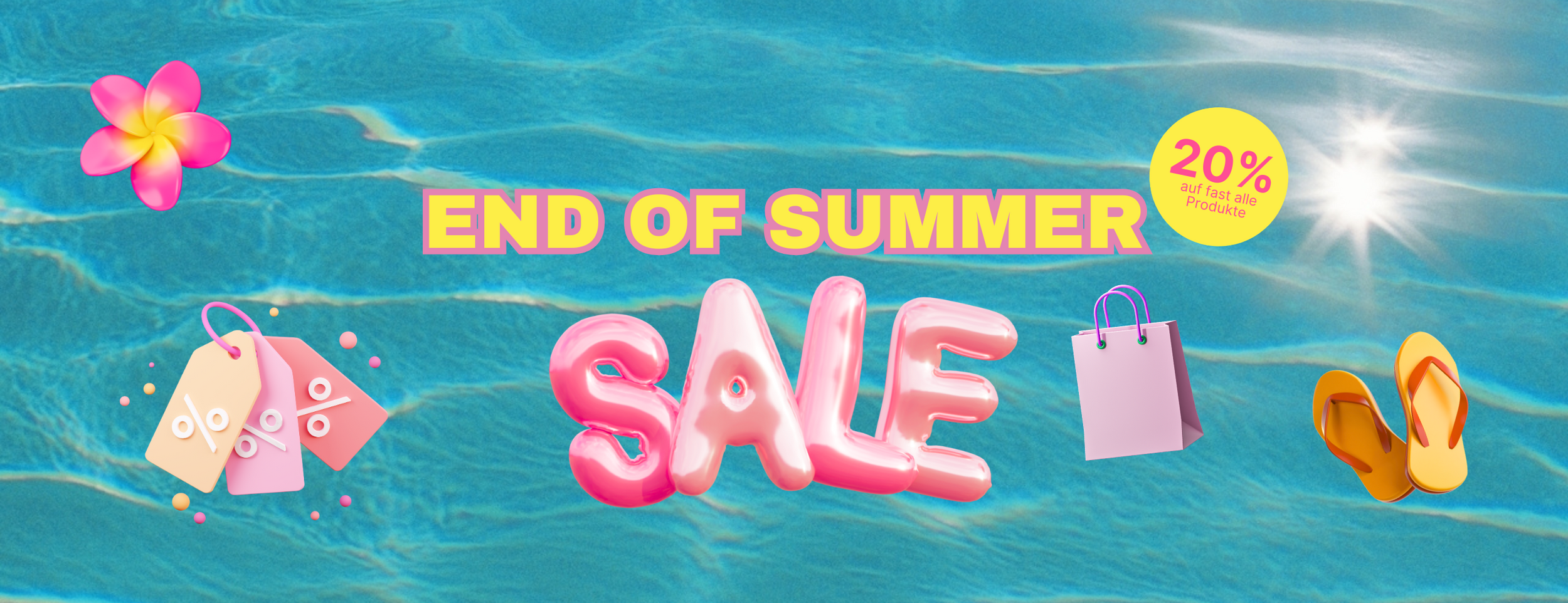 End of Summer Sale Banner mit pinker Schrift, Blume und Hinweis: 20 % Rabatt auf fast alle Produkte
