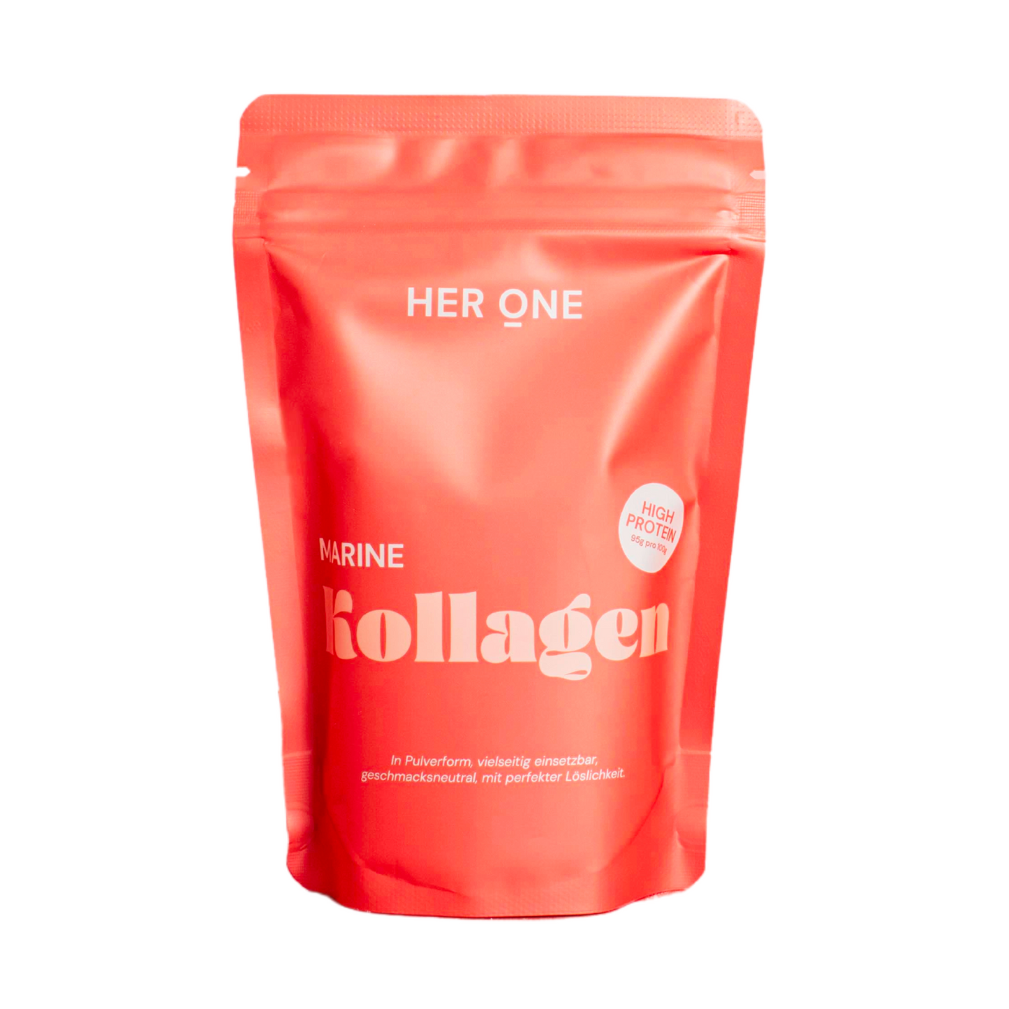 Roter Beutel mit der Aufschrift "Marine Kollagen" und "High Protein" in Weiß auf der Vorderseite.