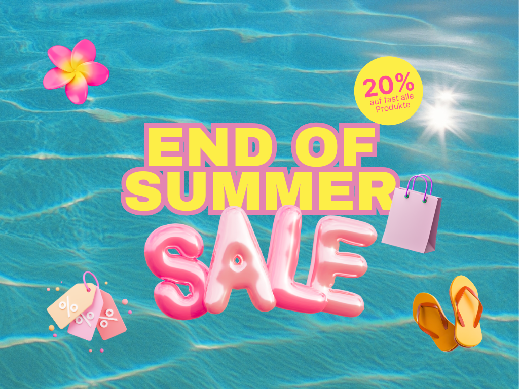 End of Summer Sale Banner mit pinker Schrift, Blume und Hinweis: 20 % Rabatt auf fast alle Produkte