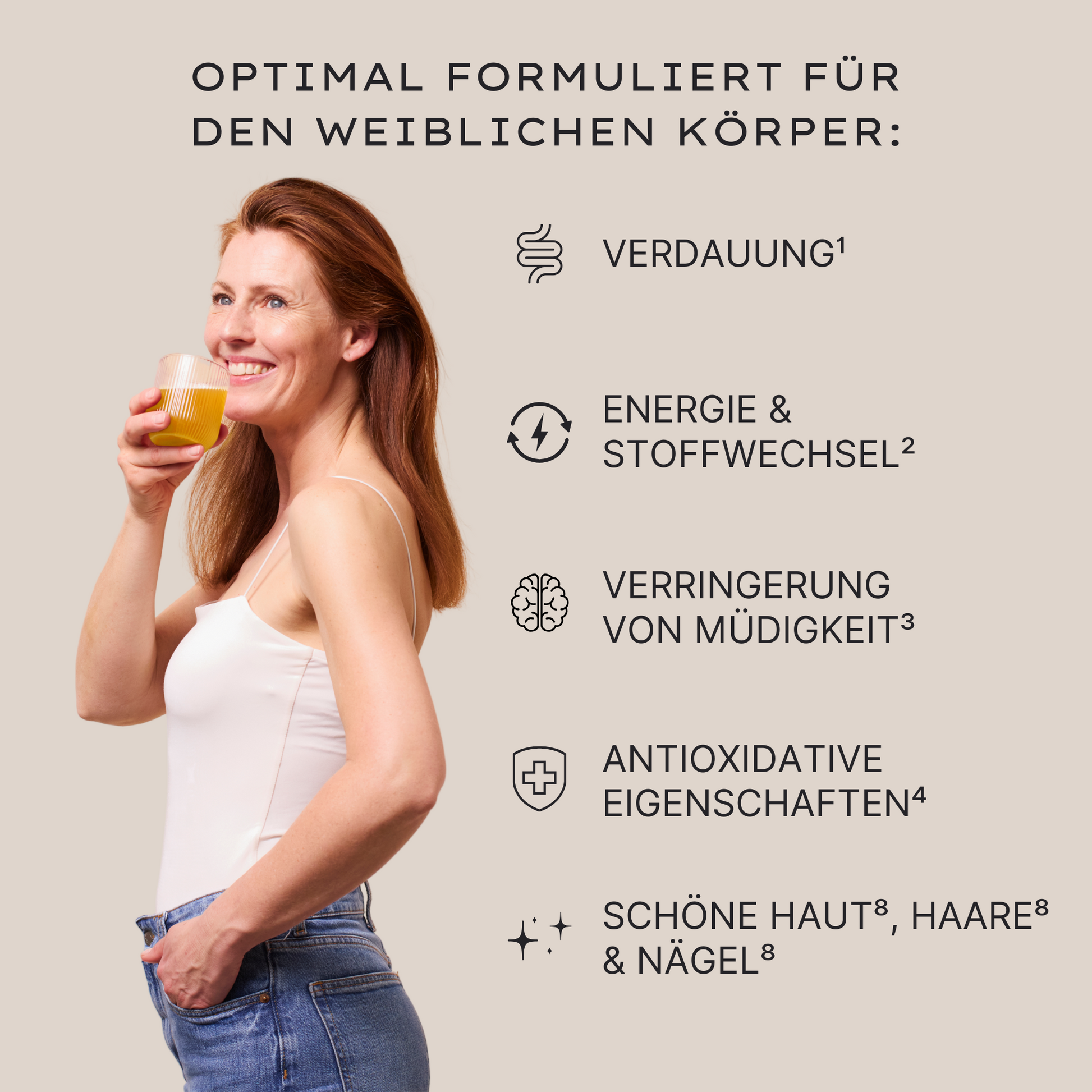 Eine Frau mit roten Haaren hält ein Glas mit INNER BEAUTY All in One Limited Edition in der Hand und lächelt in die Ferne. Der Textkörper auf der rechten Seite stellt die Produktwirkungen vor. 