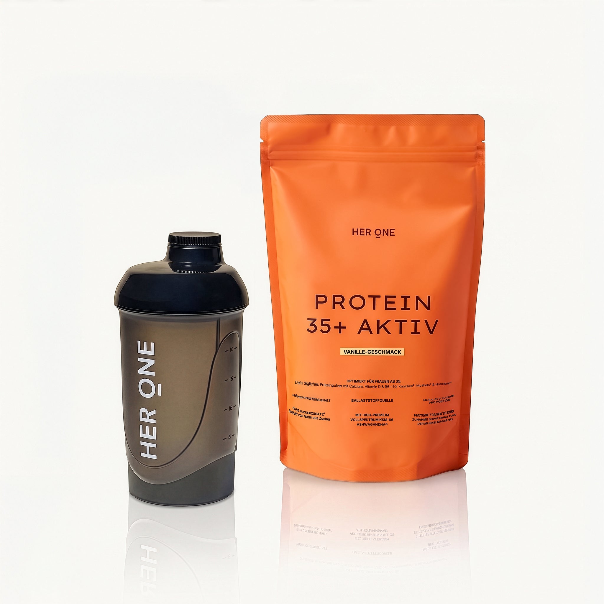 HER ONE Protein 35+ Aktiv und Shaker Duo.