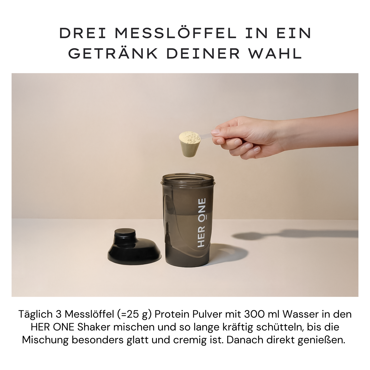 Protein 35+ Aktiv: 25 g Protein pro Portion, cremig löslich, einfach mit Wasser oder Getränk nach Wahl mischen.