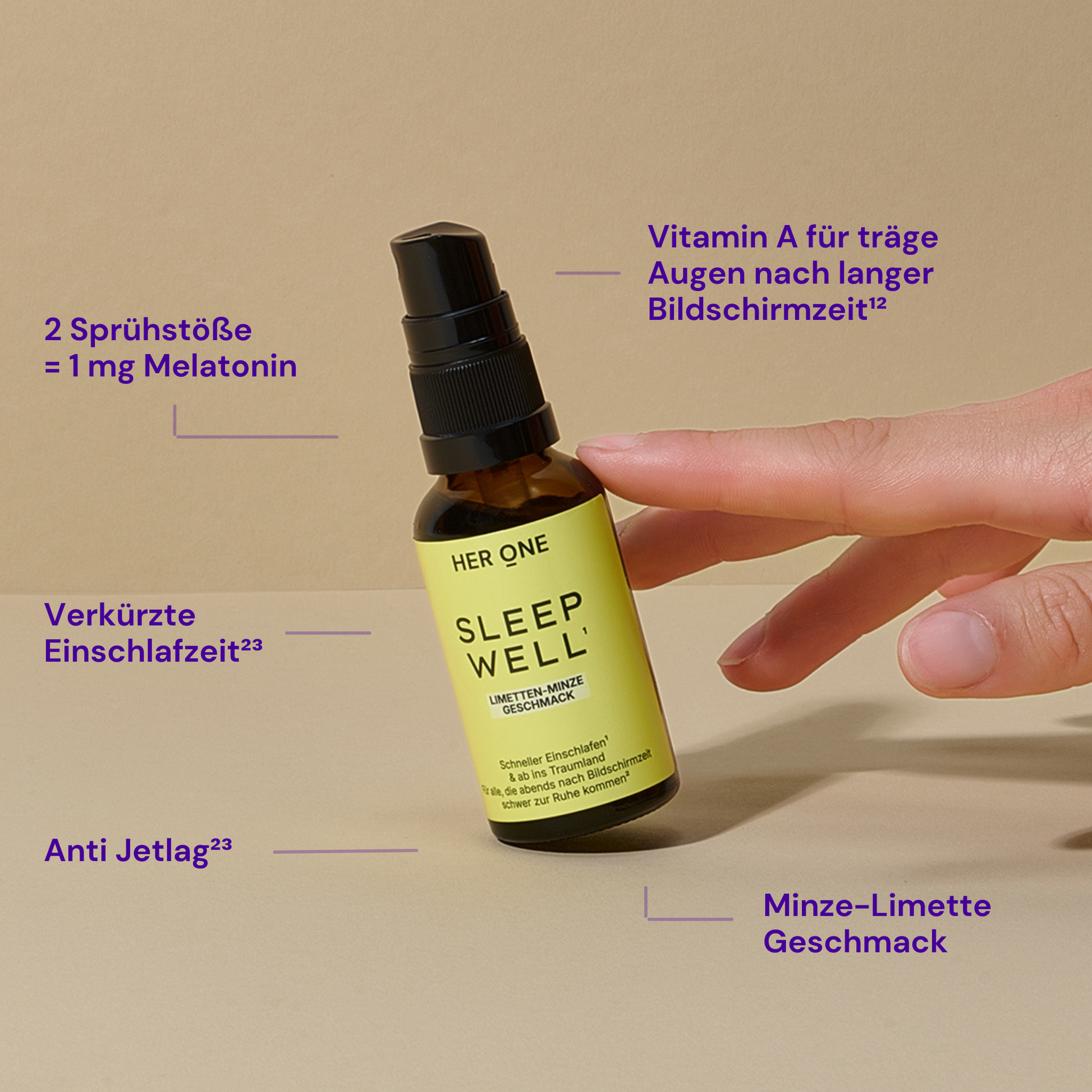Schlafspray Sleep Well mit Melatonin und Vitamin A, verkürzt Einschlafzeit, Anti-Jetlag, Minze-Limette Geschmack
