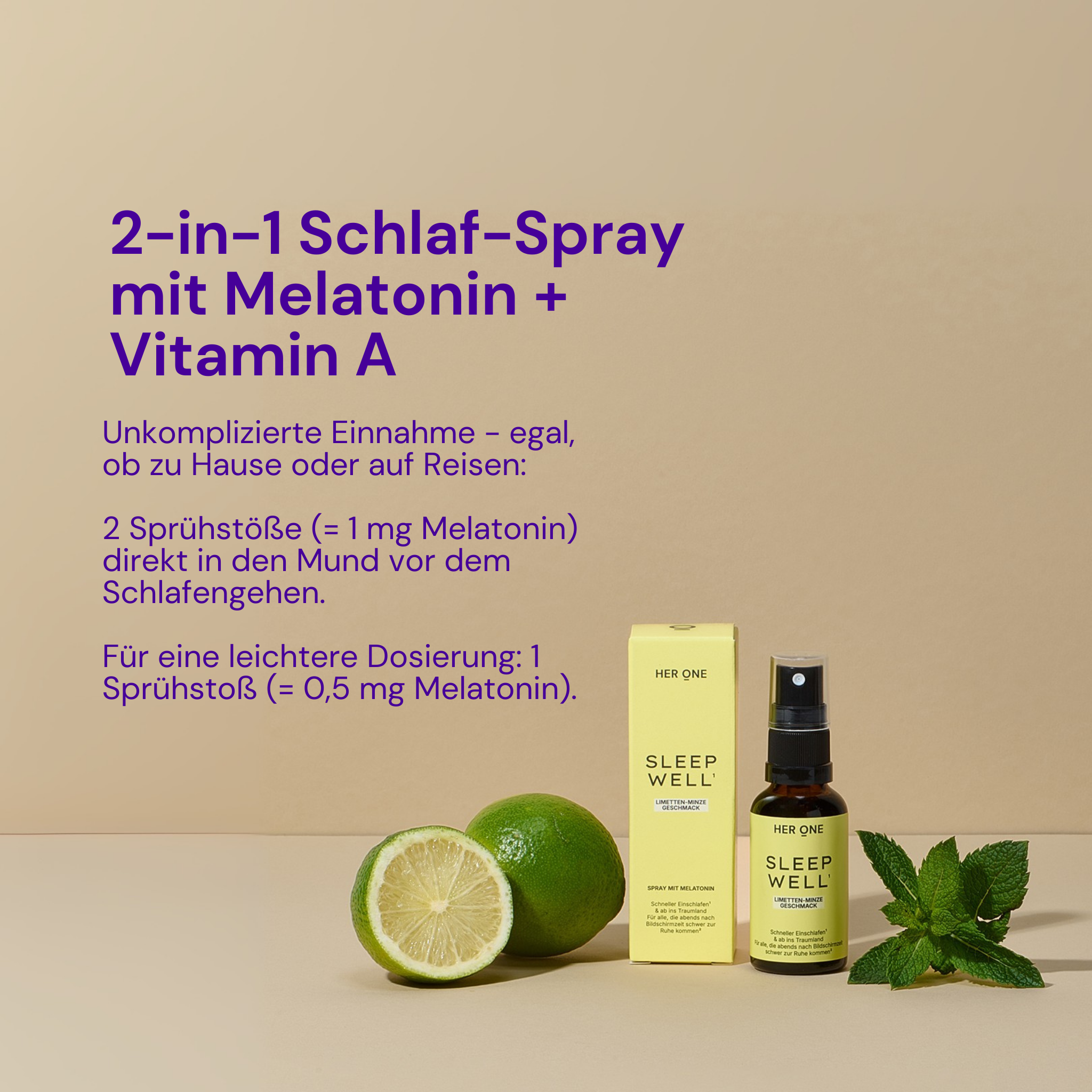 Anwendung Sleep Well Spray: 2 Sprühstöße = 1 mg Melatonin, einfache Einnahme zu Hause oder auf Reisen
