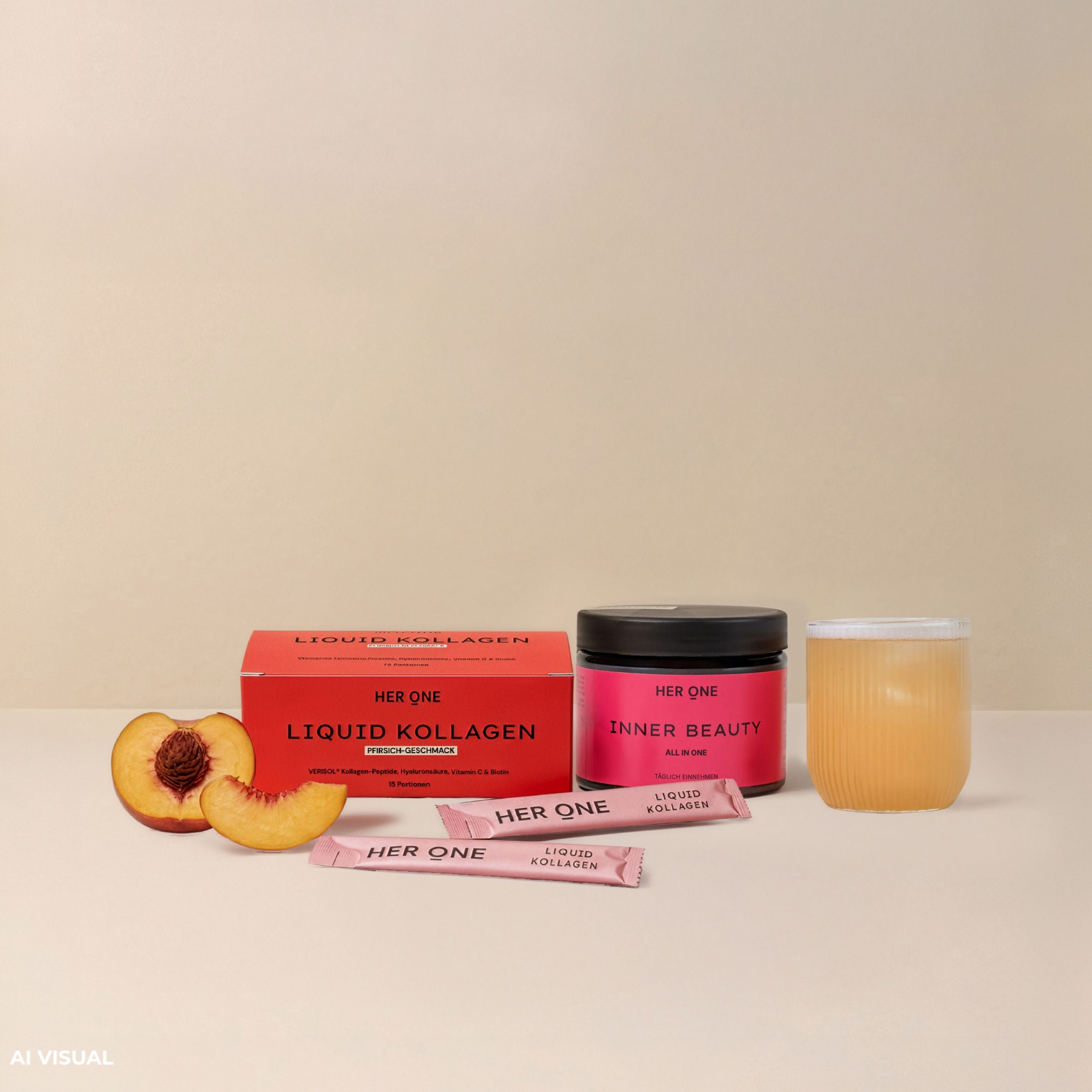 HER ONE INNER BEAUTY La confezione "All in One" alla pesca e la scatola "LIQUID KOLLAGEN" alla pesca affiancate come pacchetto Beauty Deluxe Duo.