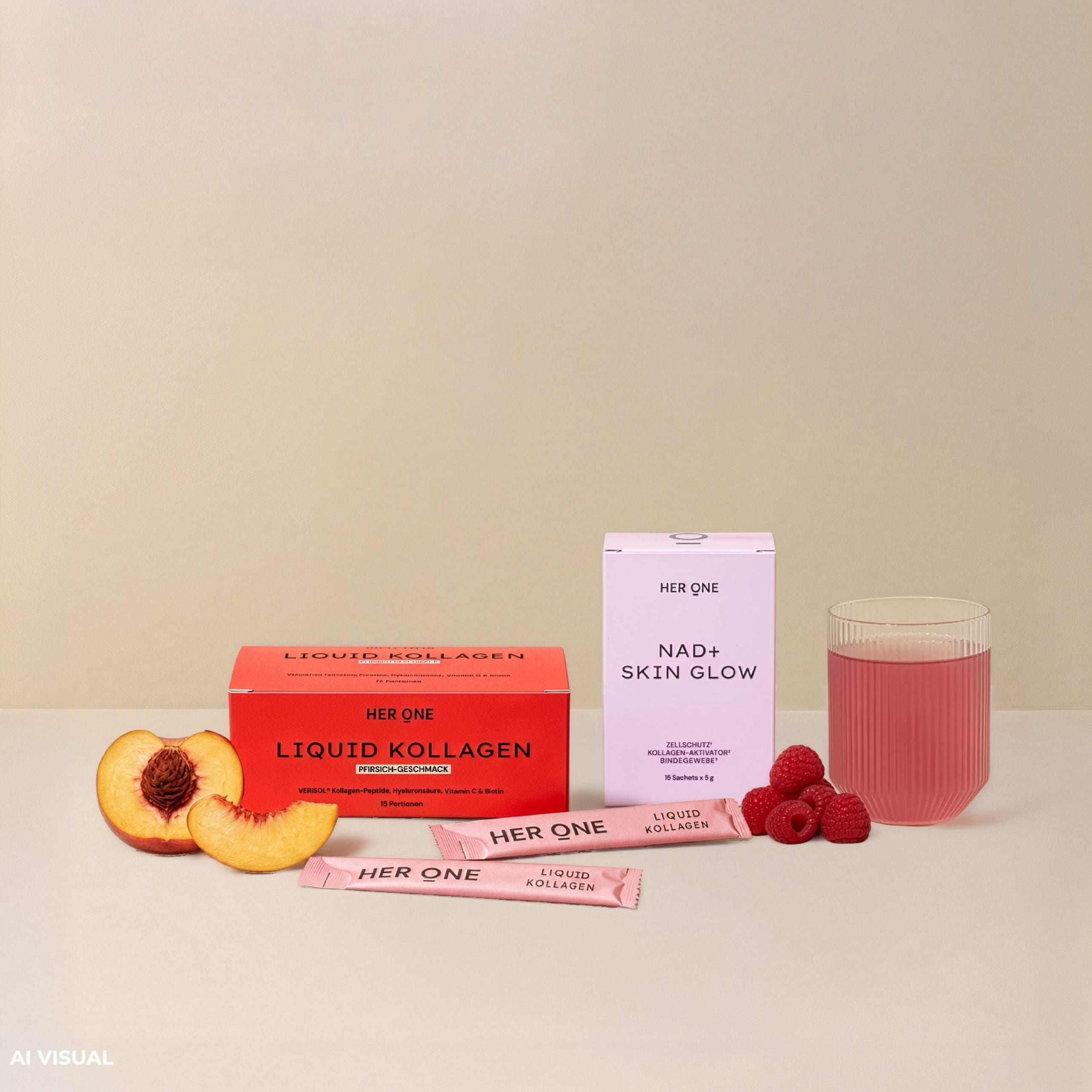 Confezione di HER ONE LIQUID KOLLAGEN alla pesca e confezione di NAD+ Skin Glow , affiancate nel pacchetto duo “ Skin Glow ”.