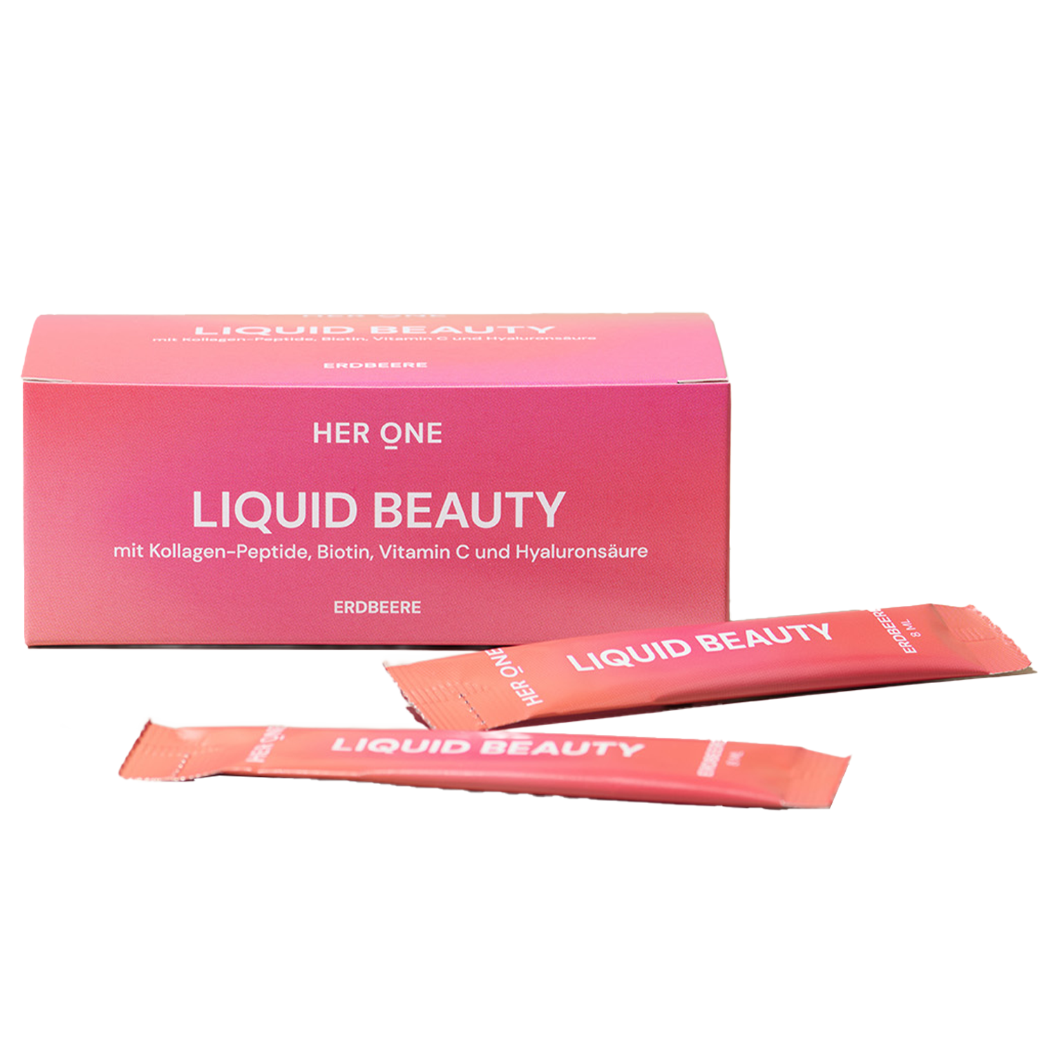 Rosa Box mit zwei Flüssigbeauty-Sticks, die Kollagen-Peptide, Biotin, Vitamin C und Hyaluronsäure in Erdbeer-Geschmack enthalten.