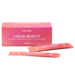 Rosa Box mit zwei Flüssigbeauty-Sticks, die Kollagen-Peptide, Biotin, Vitamin C und Hyaluronsäure in Erdbeer-Geschmack enthalten.