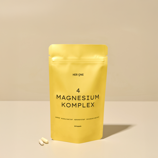 Gelber Beutel HER ONE 4 MAGNESIUM KOMPLEX Kapseln für Muskel, Nervensystem und Psyche.