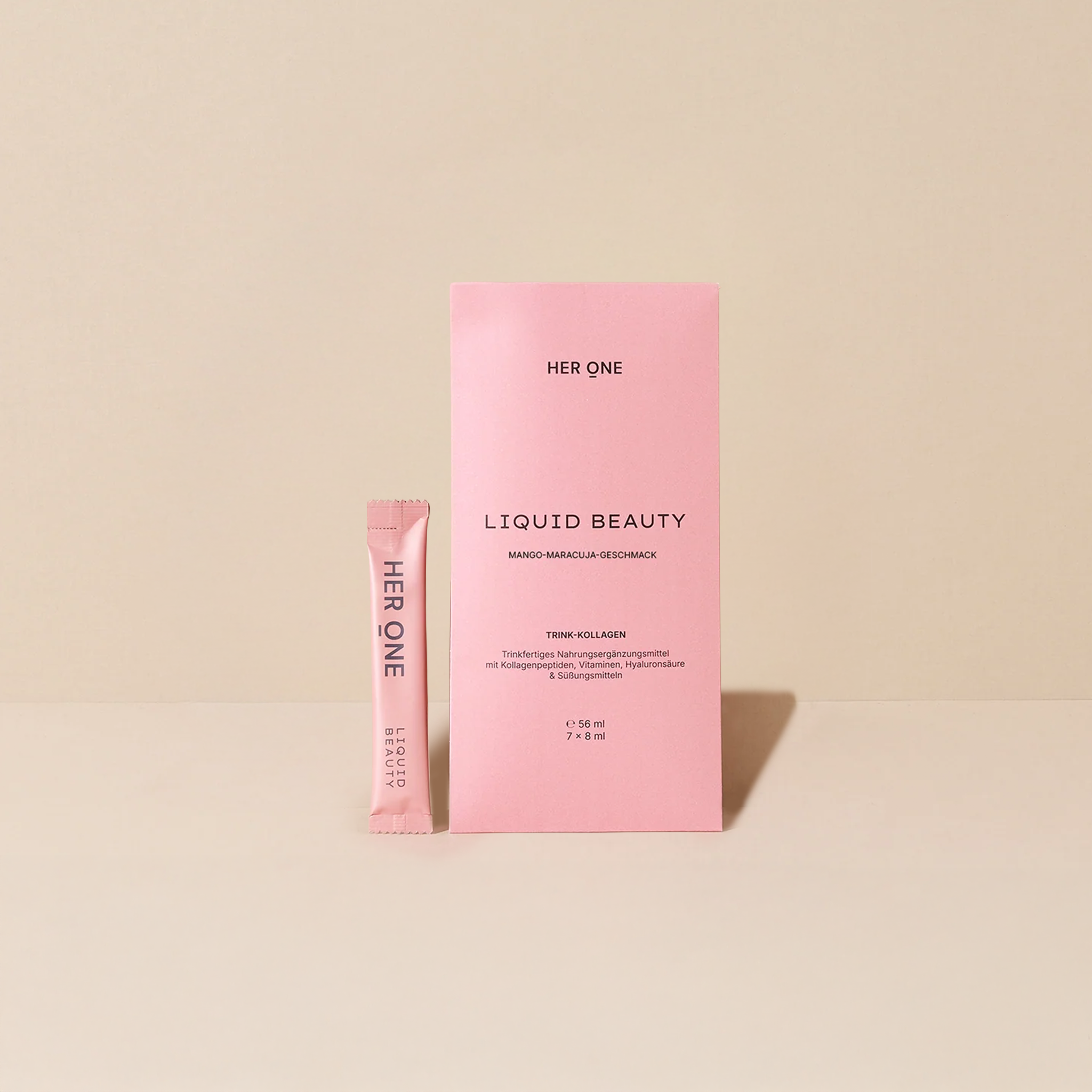Pink box LIQUID BEAUTY drinkable collagen with mango and passion fruit flavor, with stick.