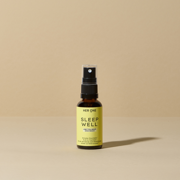 Braunes Fläschchen HER ONE SLEEP WELL Spray mit Limetten-Minze-Geschmack.