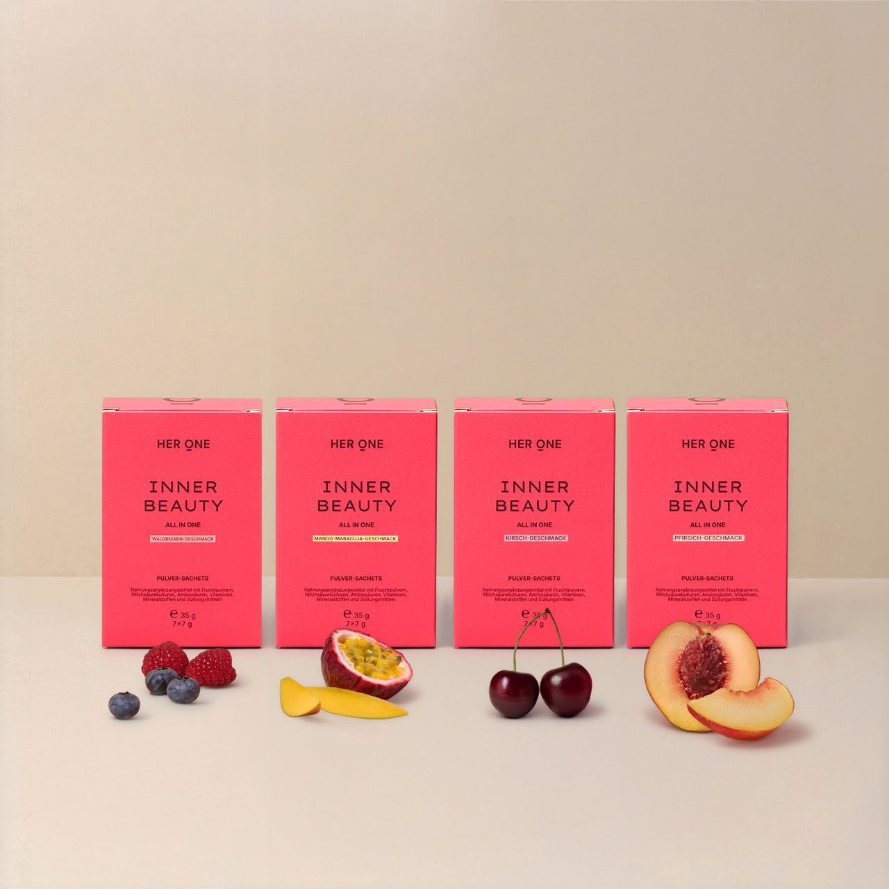 Vier INNER BEAUTY All in One MINIS Packungen mit Früchten – Waldbeere, Mango-Maracuja, Kirsche und Pfirsich