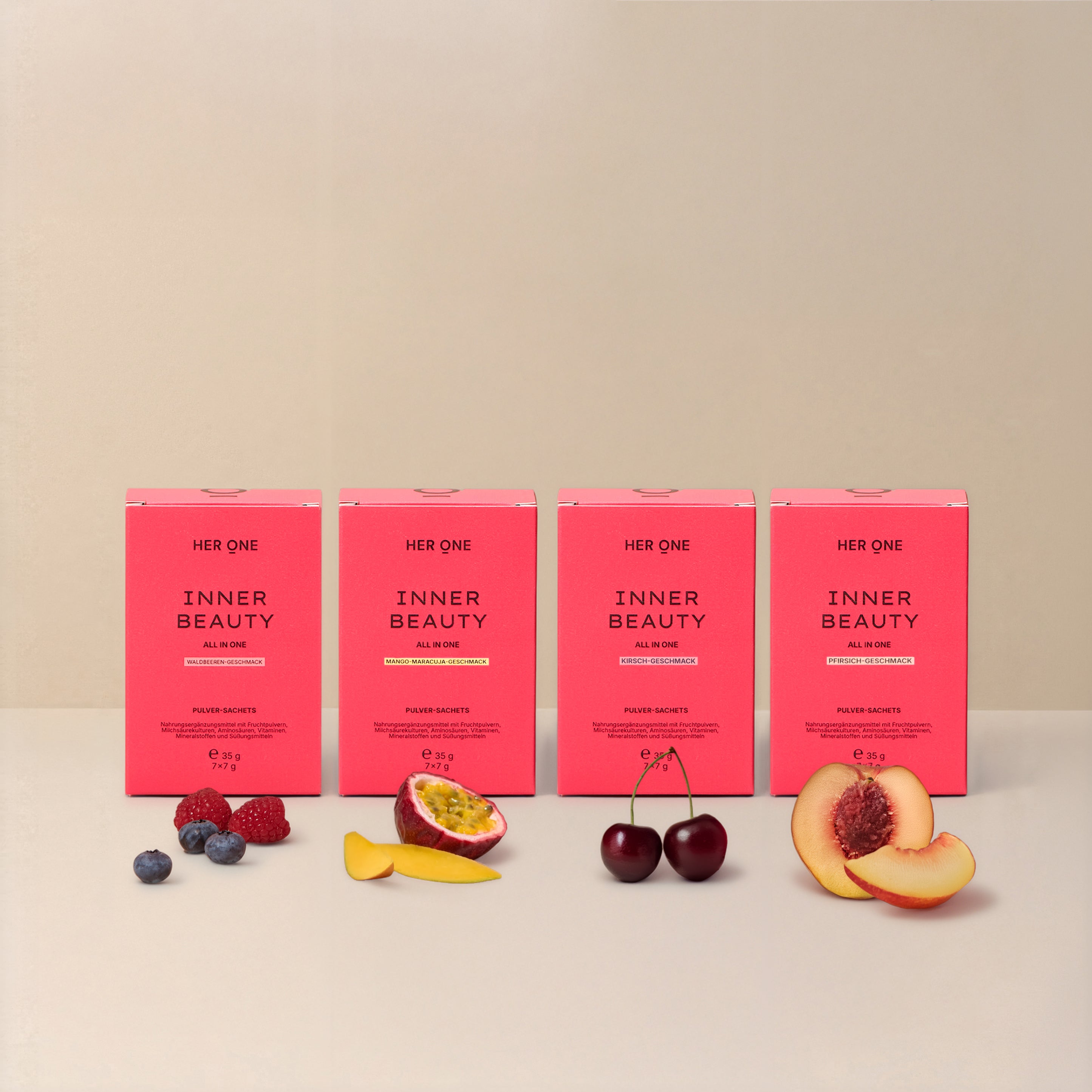 Vier INNER BEAUTY All in One MINIS Packungen mit Früchten – Waldbeere, Mango-Maracuja, Kirsche und Pfirsich