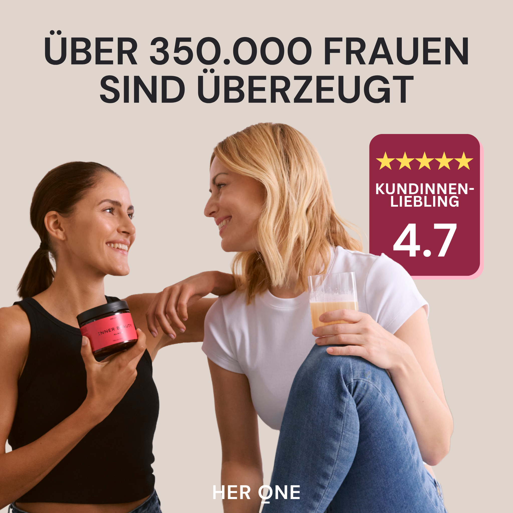 INNER BEAUTY All in One Pfirsich – Zwei Frauen mit Produkt, über 350.000 Kundinnen überzeugt, Bewertung 4,7 Sterne