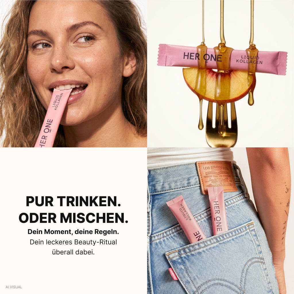 HER ONE Liquid Kollagen pur trinken oder mischen – Stick für unterwegs in der Hosentasche.