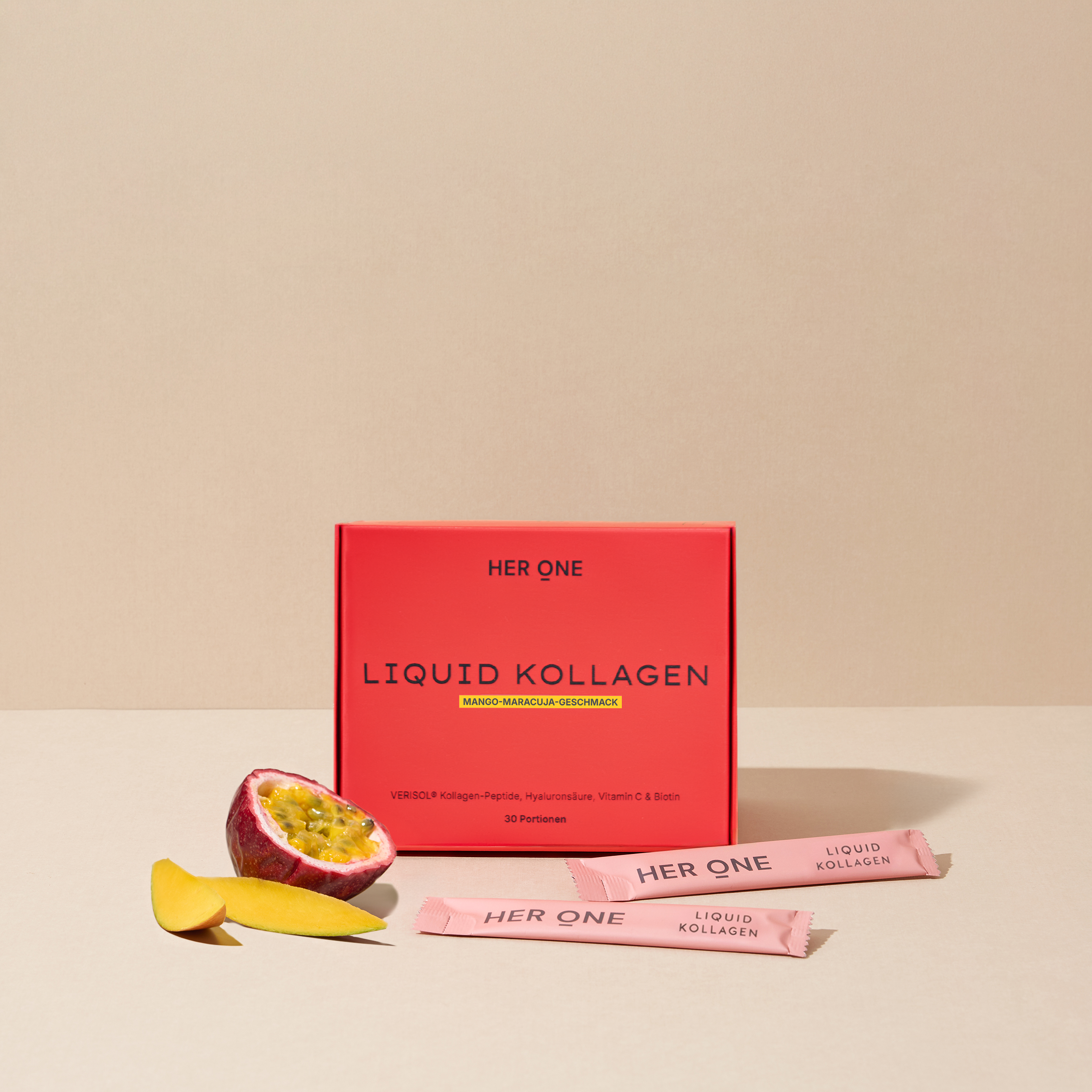 HER ONE Liquid Kollagen Box Mango-Maracuja-Geschmack 30 Portionen mit Sachets und Früchten