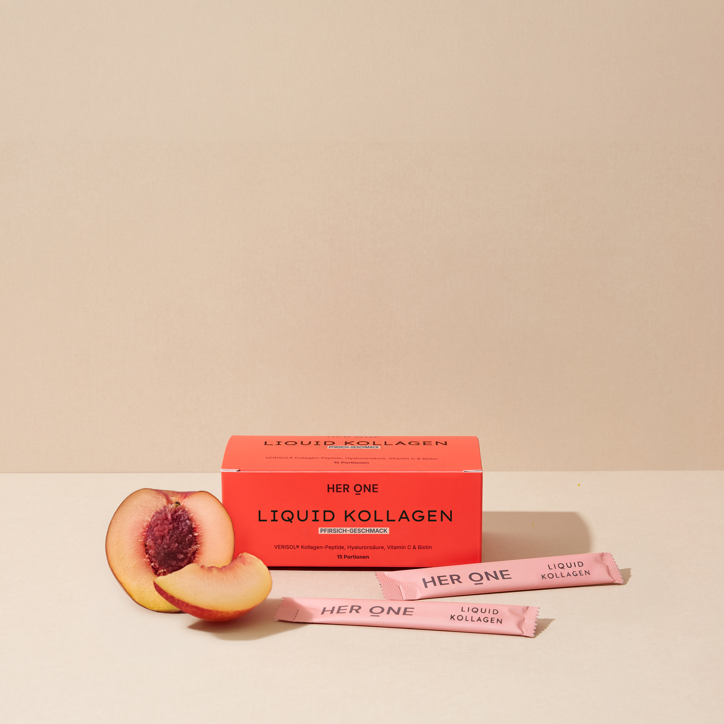 HER ONE Liquid Kollagen Box Pfirsich-Geschmack 15 Portionen mit Sachets und frischer Pfirsich